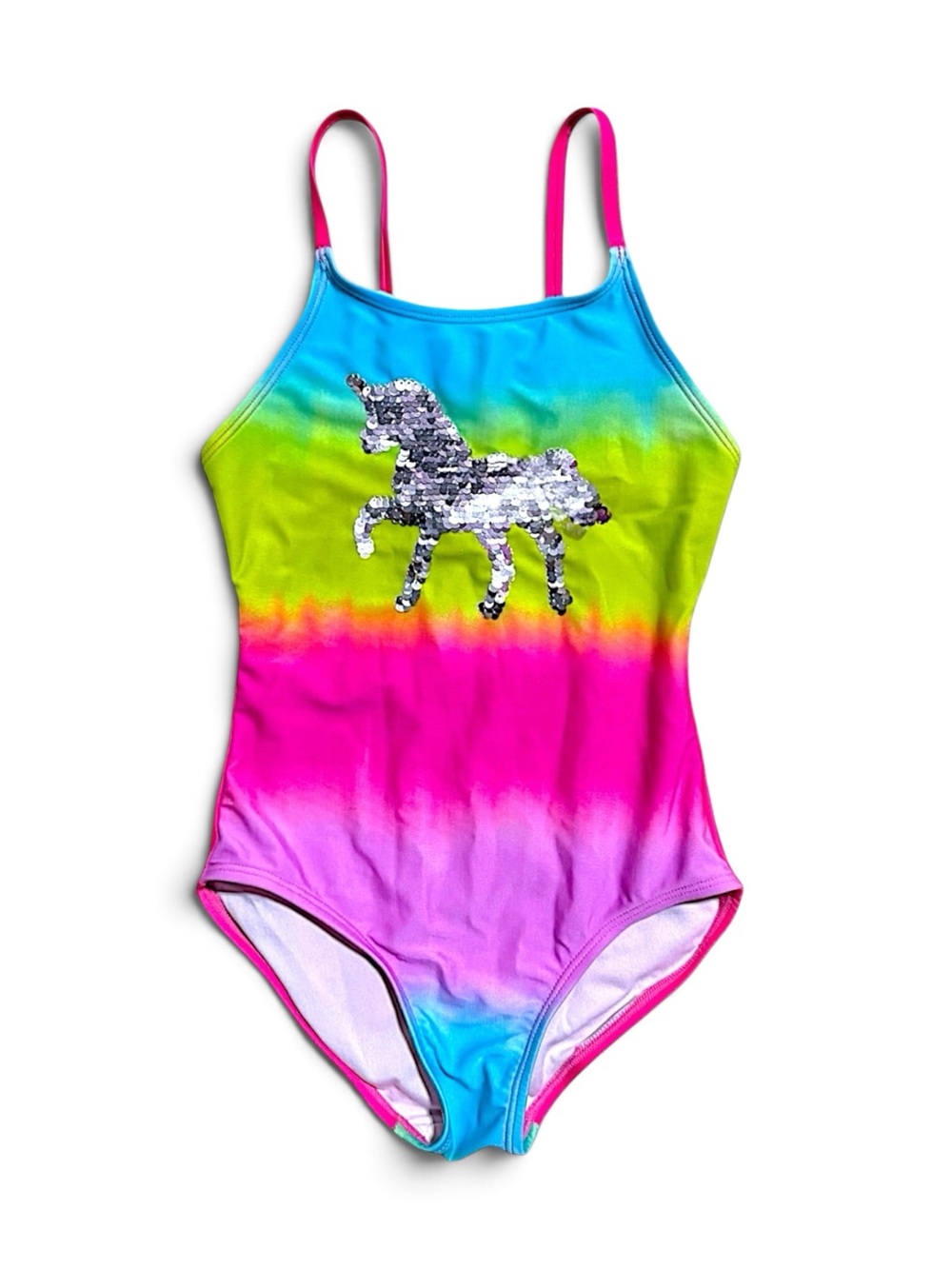 Cat & Jack Striped Rainbow Flip Sequin Unicorn Swimsuit S 6/6X 🛍️ 2/$8 • 2/$9